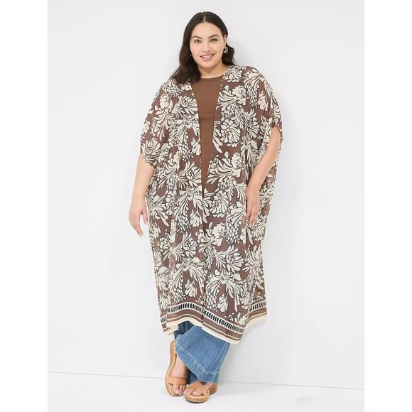 Lane Bryant One Size Maxi Chiffon Over Piece Brown White Sheer Boho Summer Fall - Picture 1 of 8